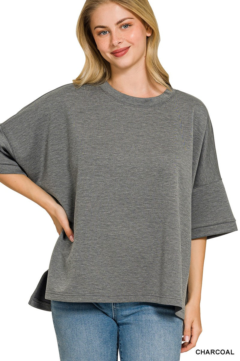CHARCOAL Scuba round-neck drop-shoulder top with side slits