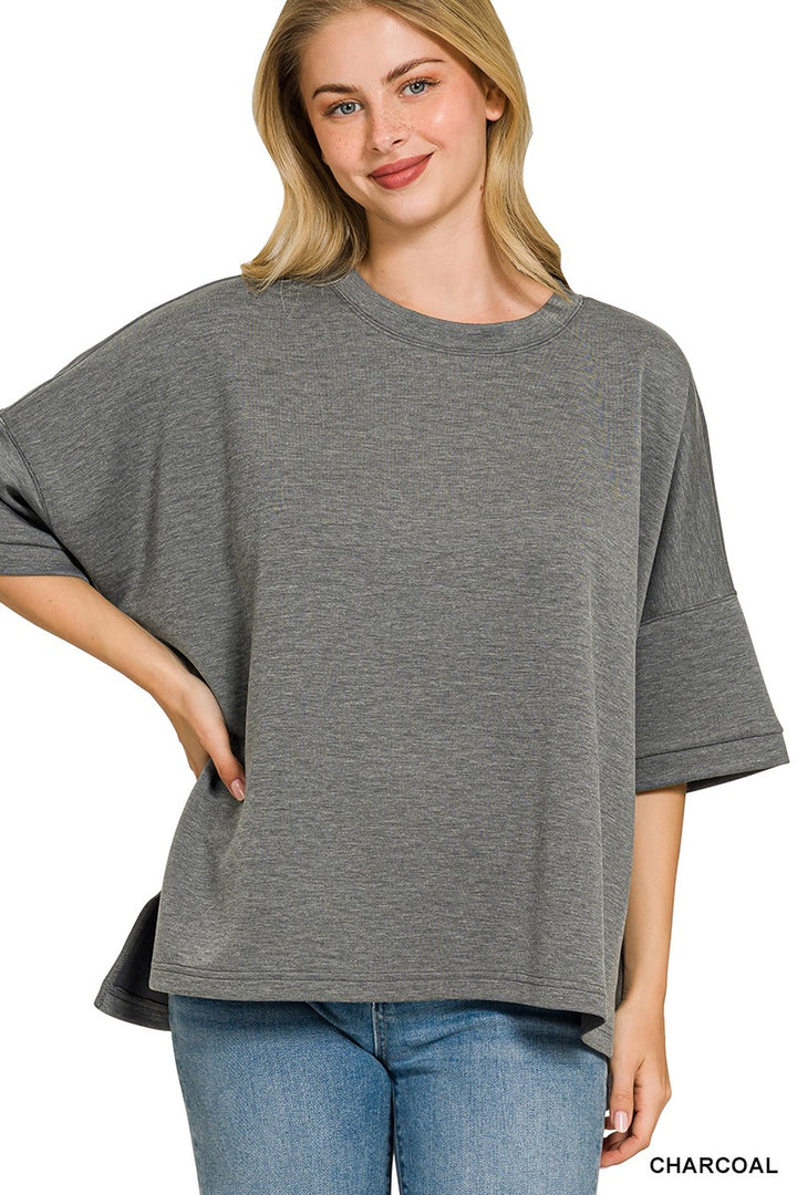 CHARCOAL Scuba round-neck drop-shoulder top with side slits