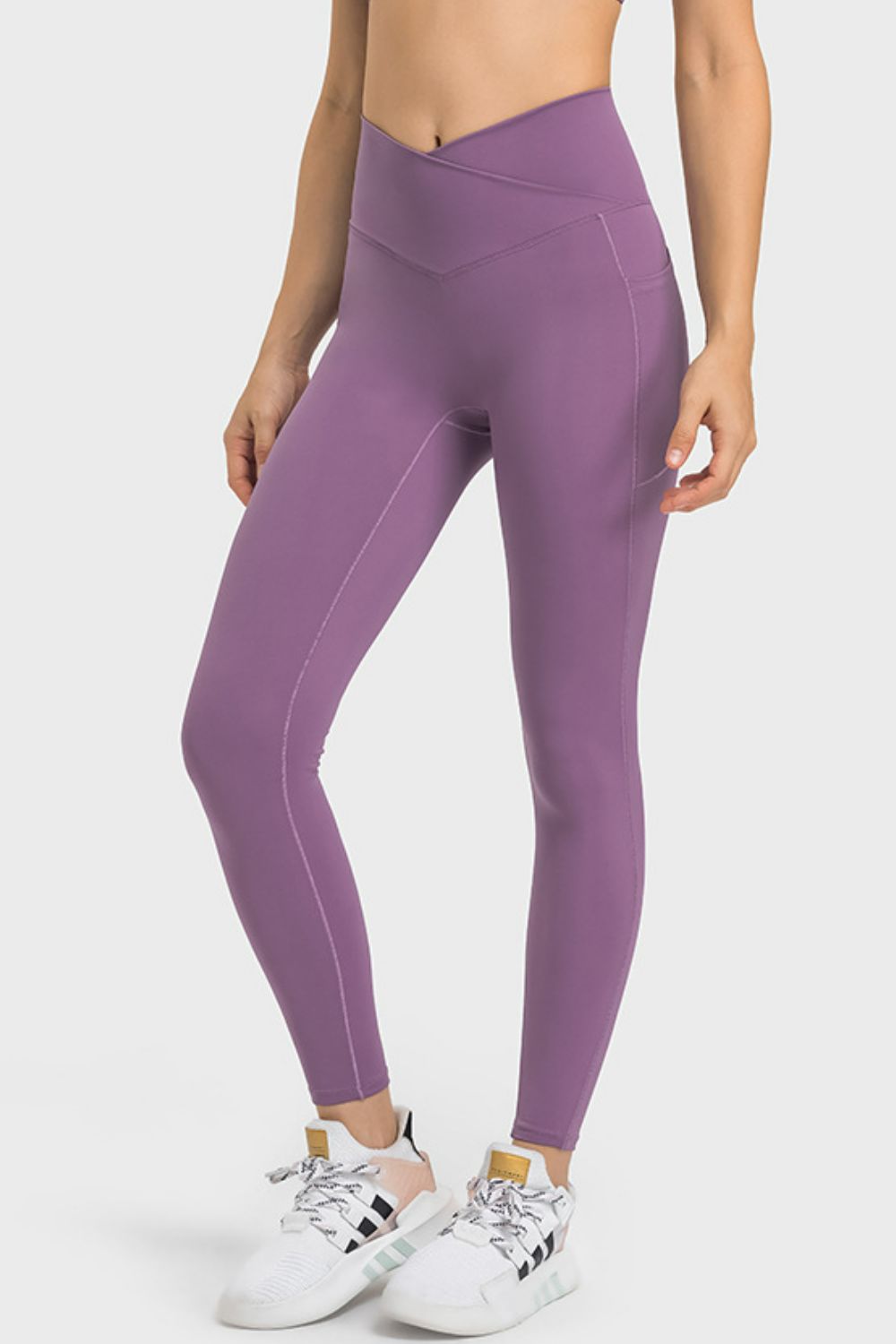 Mauve Crossover V-waist yoga leggings with side pockets