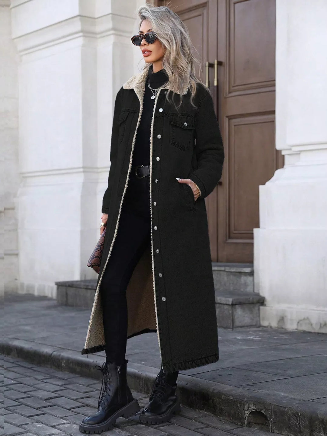 Black Sherpa-lined longline button-front denim jacket