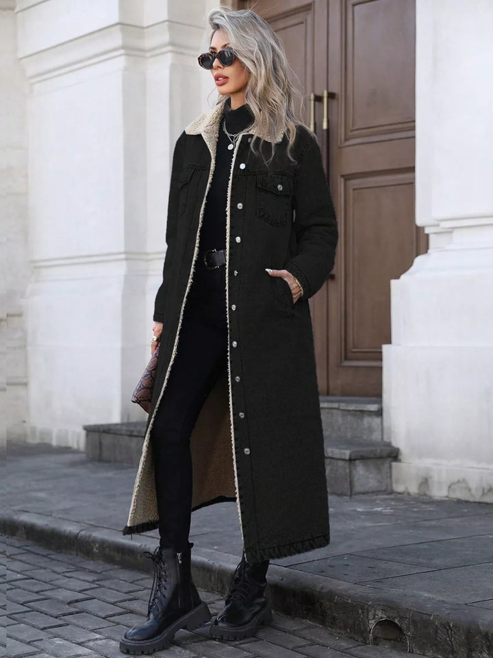 Black Sherpa-lined longline button-front denim jacket