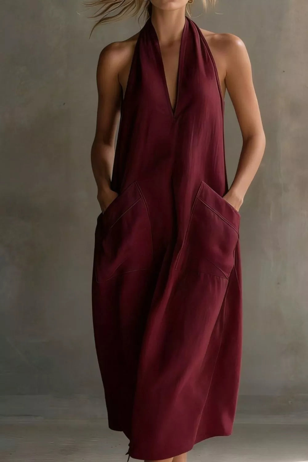Relaxed halter neck midi dress with patch pockets