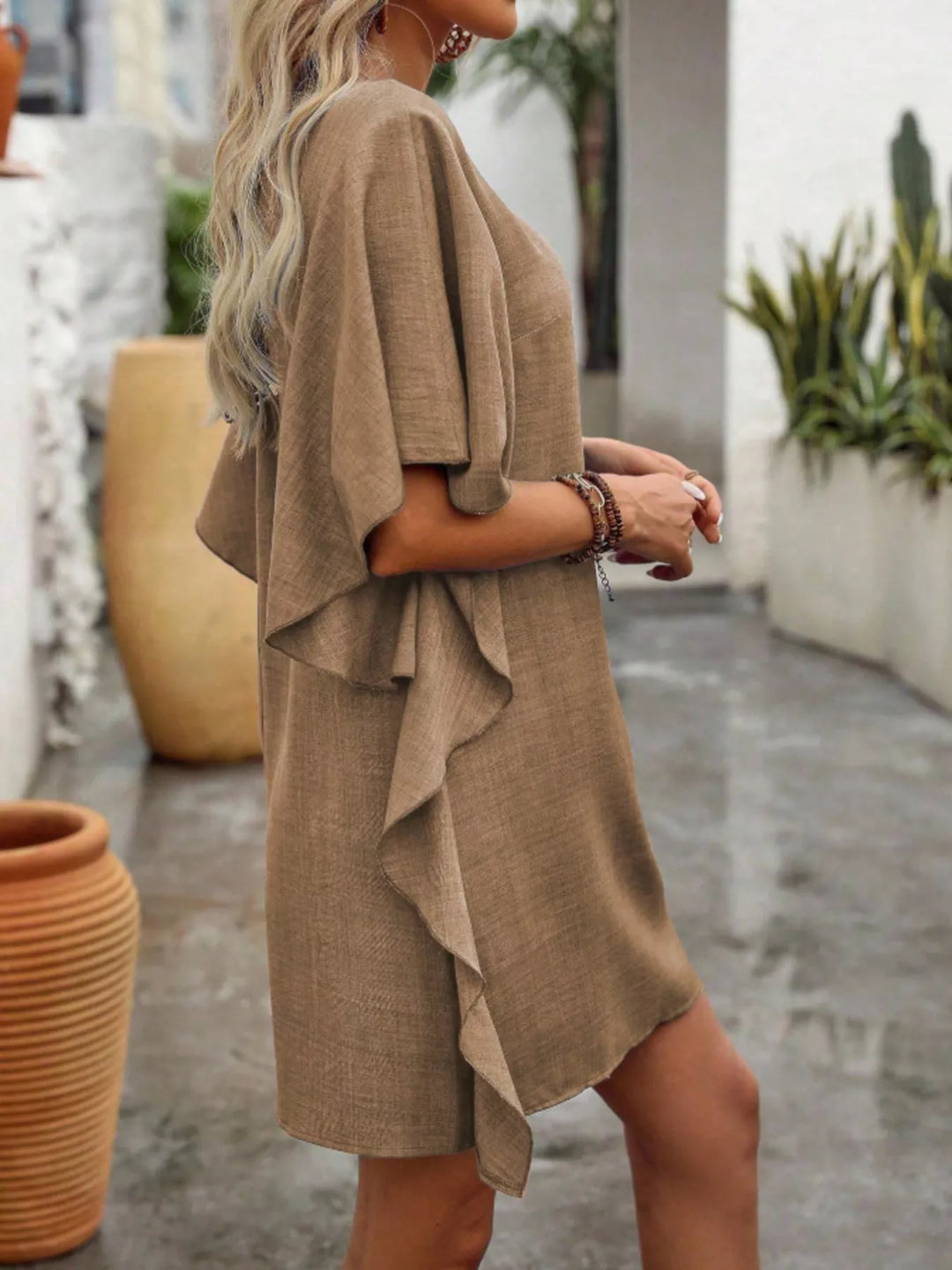Flutter sleeve V-neck mini dress in textured weave
