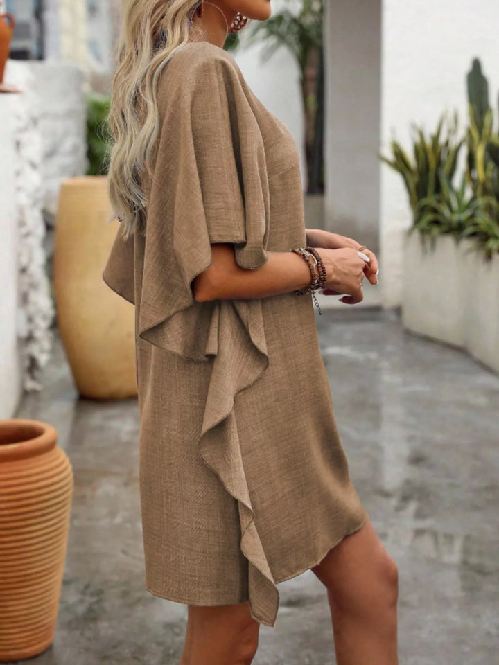 Flutter sleeve V-neck mini dress in textured weave