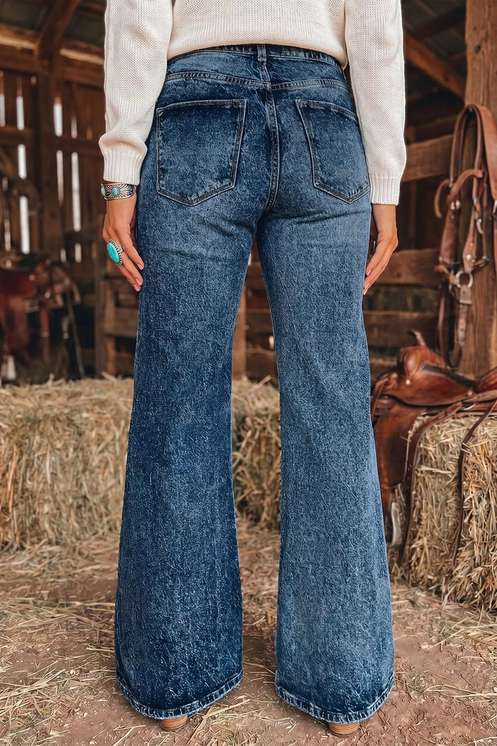 Acid wash high-rise wide flare jeans with double-button waist