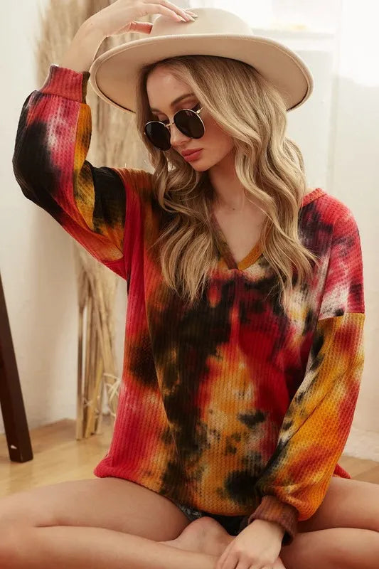 FUCHSIA/ORANGE/BLACK Tie-dye brushed waffle knit top with bubble sleeves