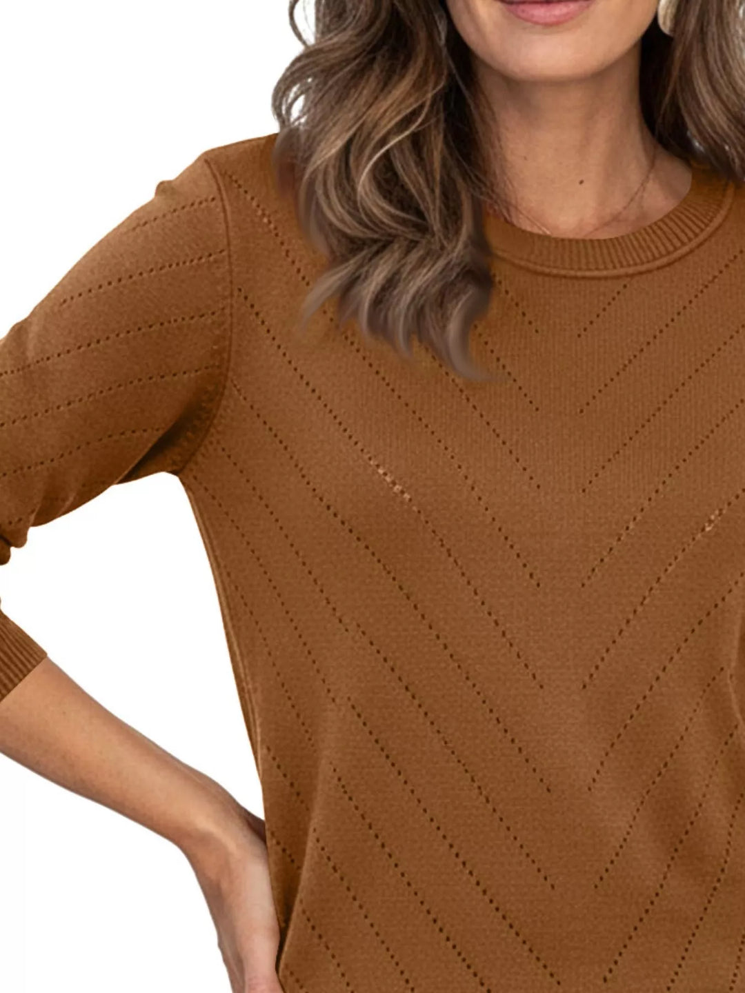 Openwork chevron knit crew neck pullover sweater