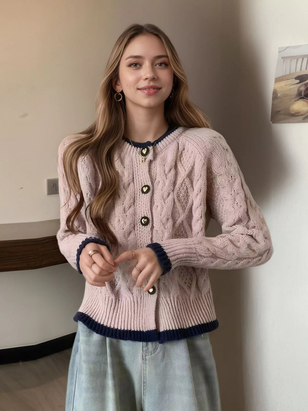 Pink Cable knit button-up cardigan with contrast trim