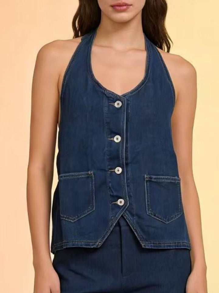 Halter neck button-down denim vest with patch pockets