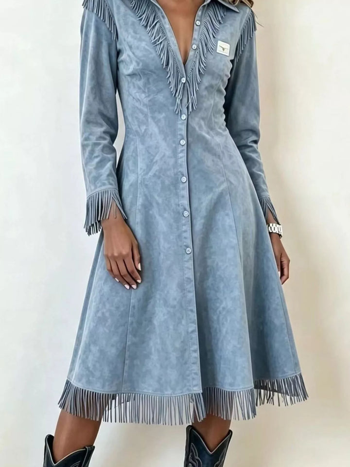 Fringe-trim faux suede button-down midi shirt dress