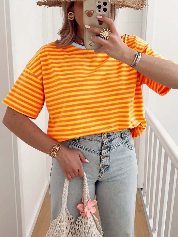 Tangerine Striped oversized drop-shoulder crew neck t-shirt