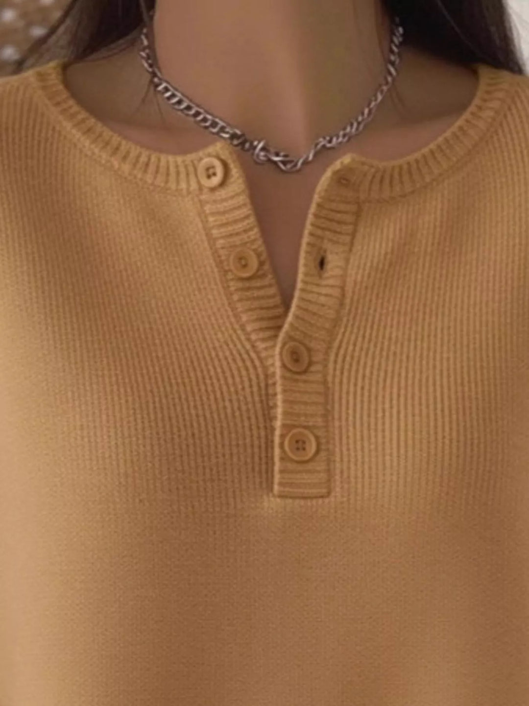 Henley button knit sweater with ribbed trim