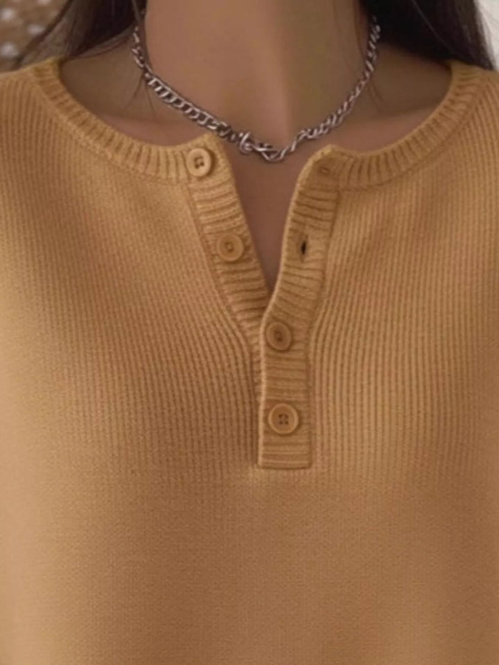 Henley button knit sweater with ribbed trim