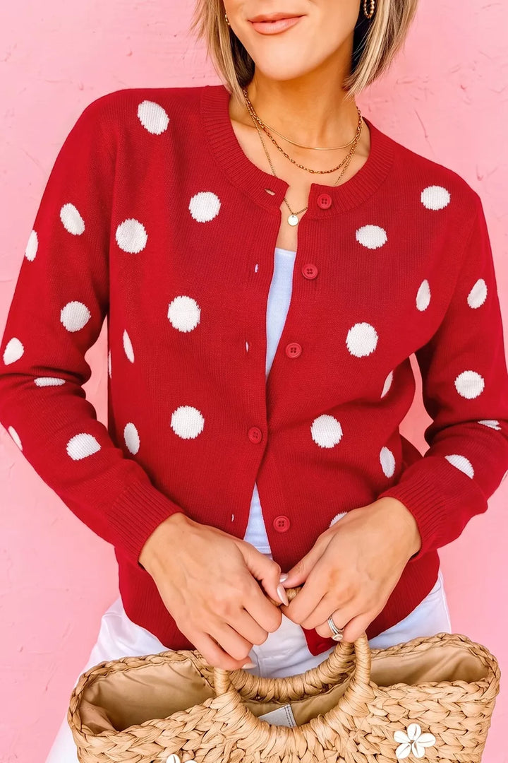 Polka dot knit button-front cardigan with ribbed trim