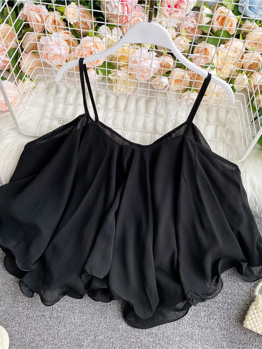 Black Flowy chiffon cami with ruffled hem and V-neck