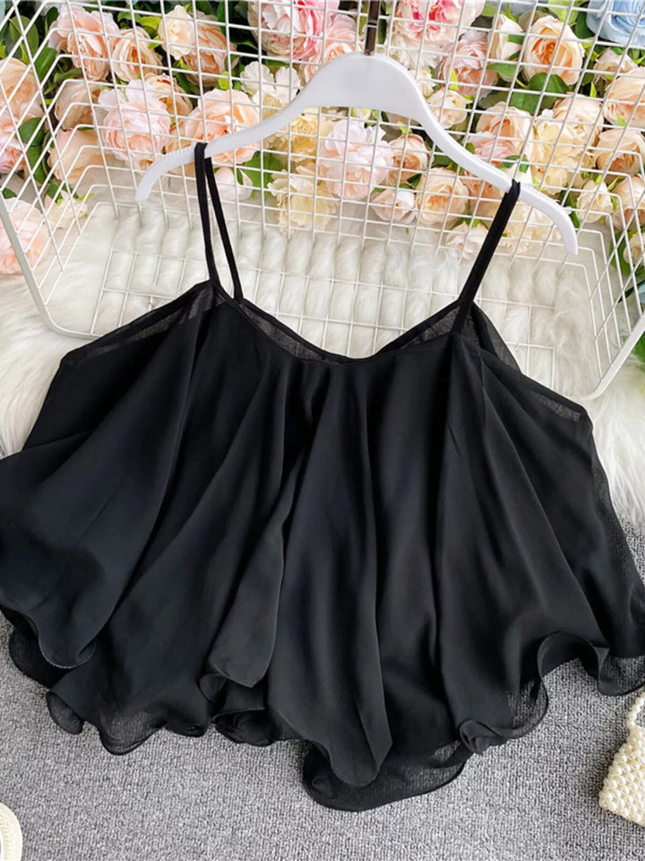 Black Flowy chiffon cami with ruffled hem and V-neck