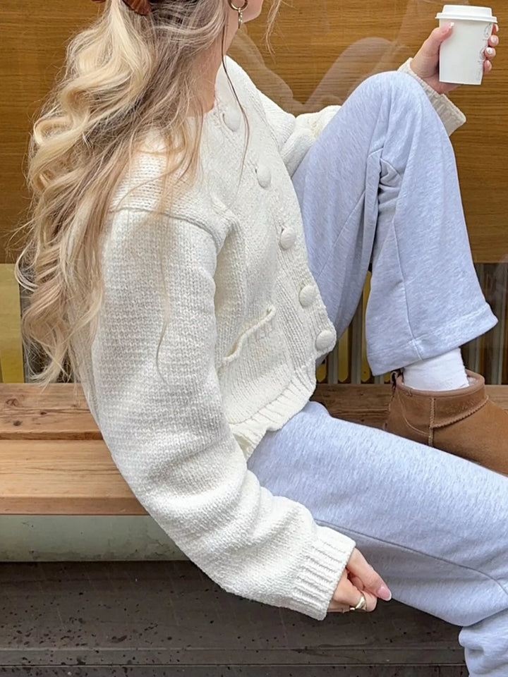 Cropped textured knit button-down cardigan with pockets