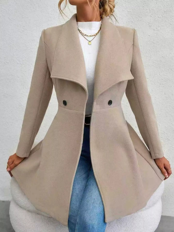 Khaki Wide lapel fit-and-flare coat with peplum hem