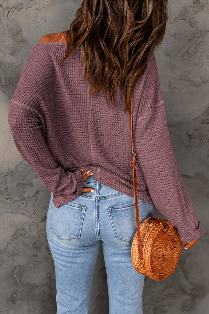 Waffle knit notched neck drop shoulder top