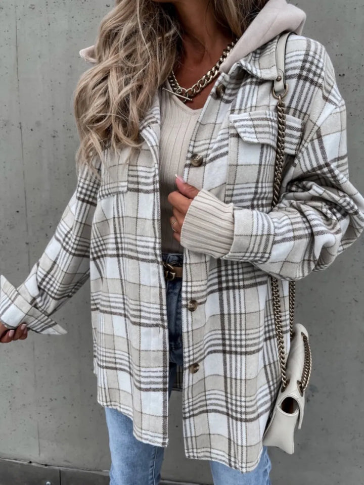 White Plaid hooded shacket with drop shoulders and chest pockets