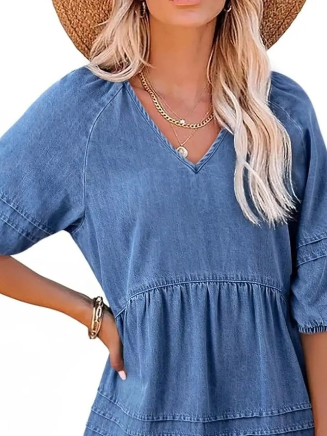 V-neck puff sleeve denim mini dress with pintuck pleating