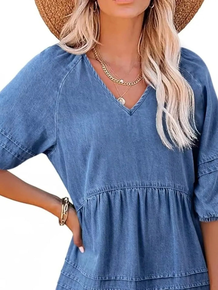 V-neck puff sleeve denim mini dress with pintuck pleating