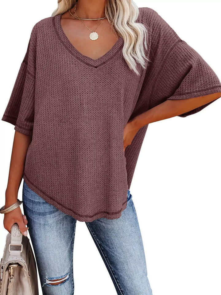 Waffle knit v-neck drop shoulder short sleeve tee