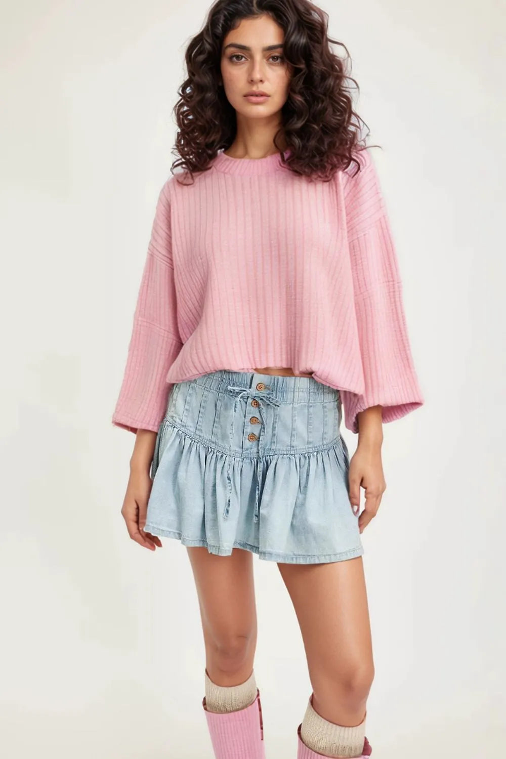 Button-front ruffled mini denim skirt with drawstring waist