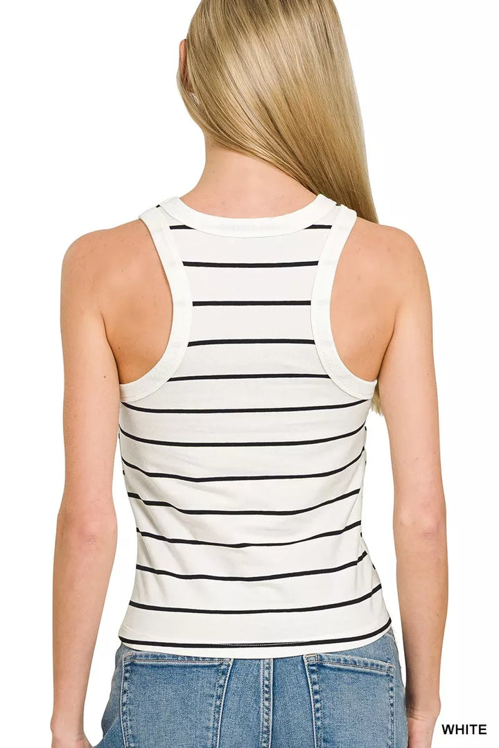 Horizontal striped round-neck fitted tank top