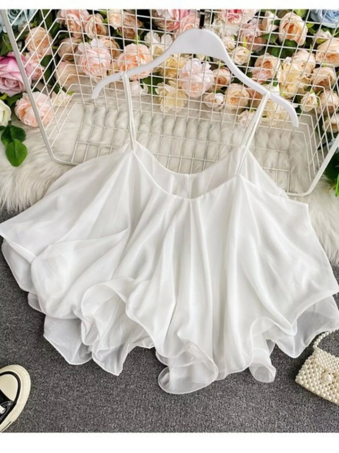White Flowy chiffon cami with ruffled hem and V-neck