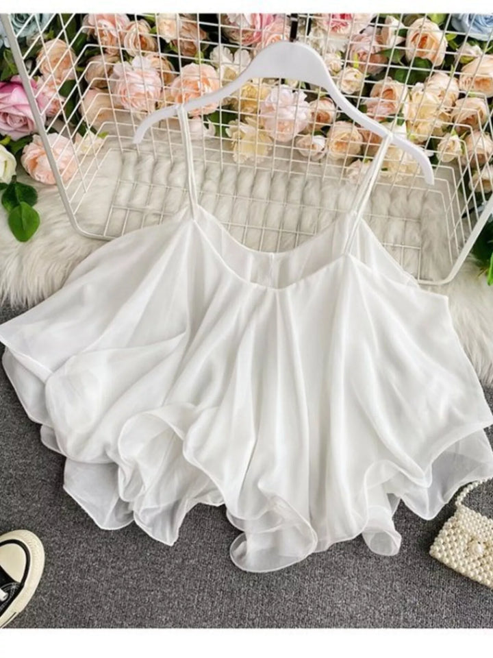 White Flowy chiffon cami with ruffled hem and V-neck