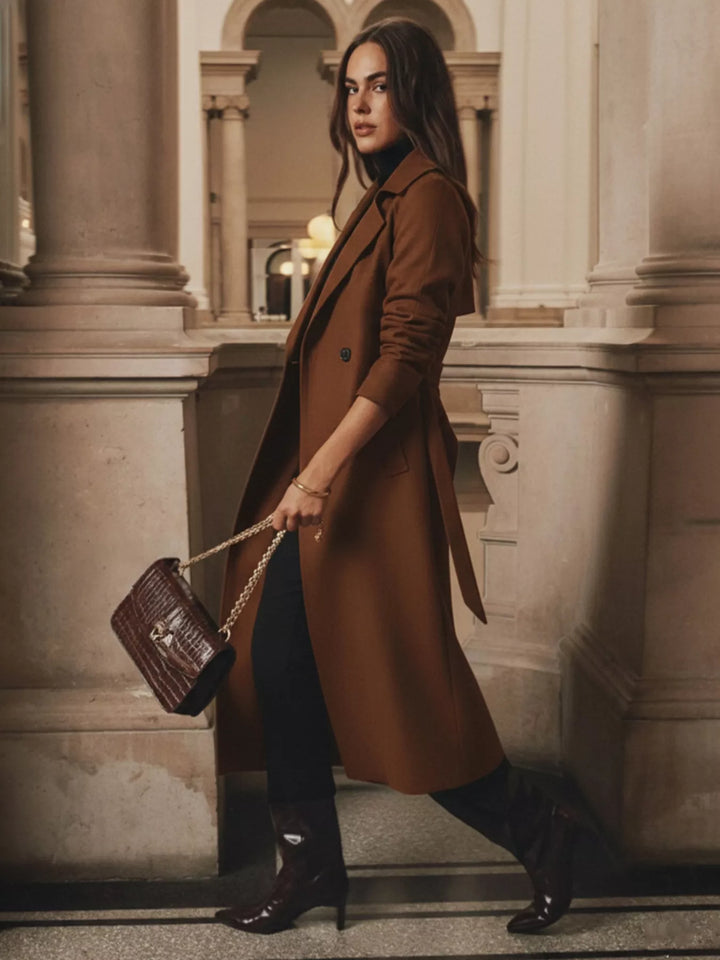 Double-breasted belted longline coat with notch lapel