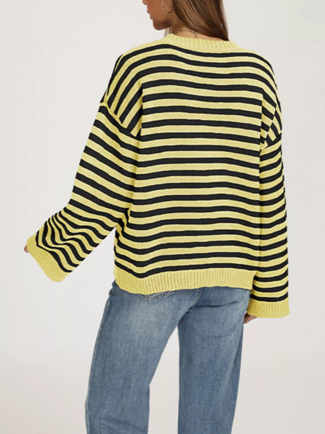 Striped drop shoulder crew neck sweater with ribbed trim