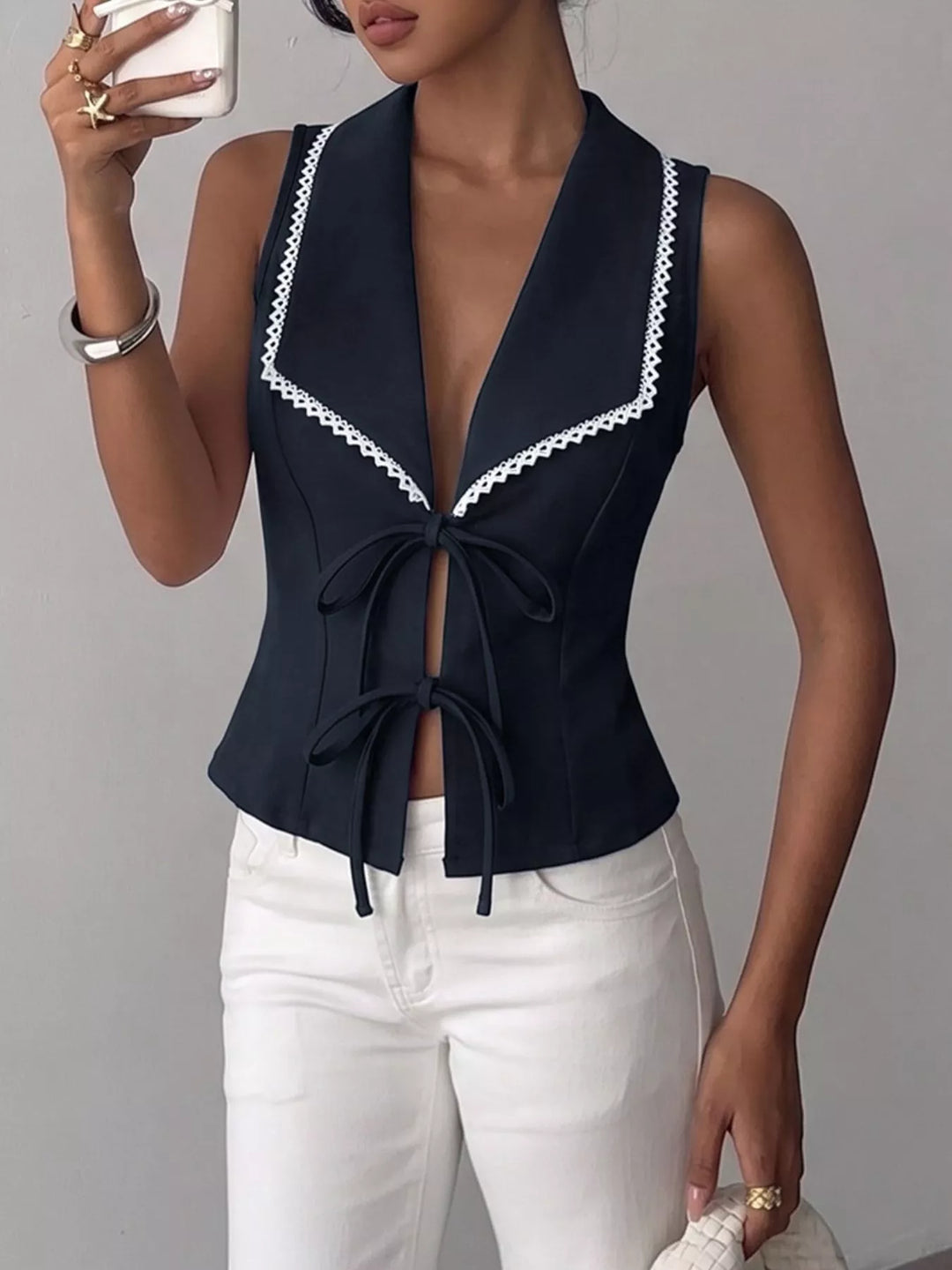 Lace-trim lapel tie-front sleeveless vest top