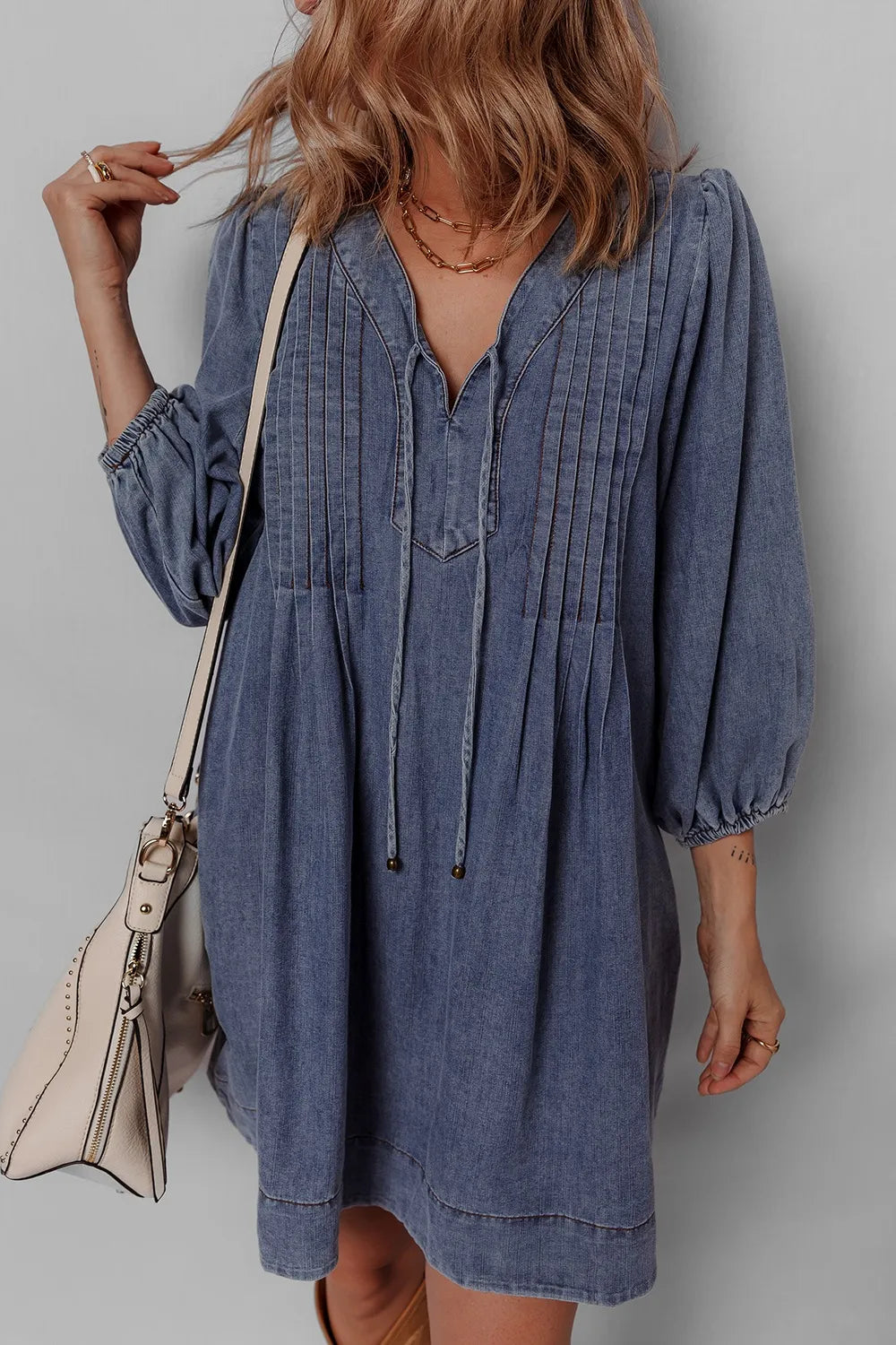 Pintucked tie-neck long sleeve denim mini dress