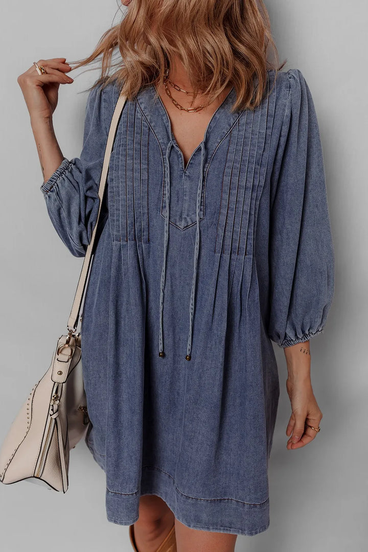 Pintucked tie-neck long sleeve denim mini dress