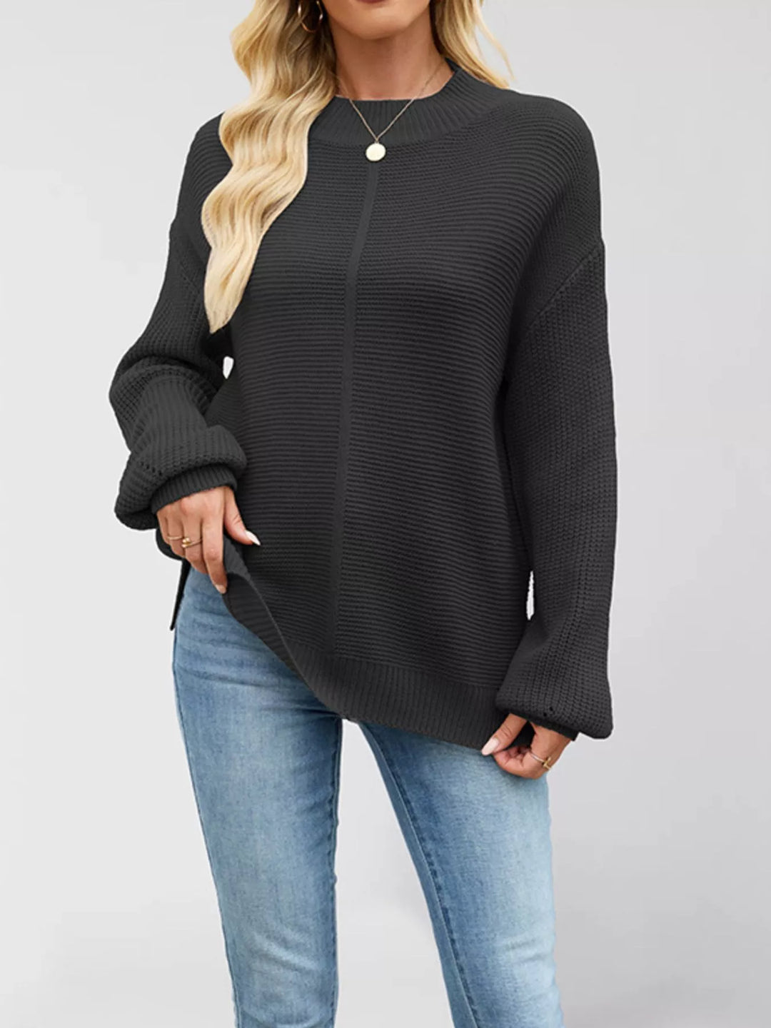 Black Ribbed knit mock neck drop shoulder sweater