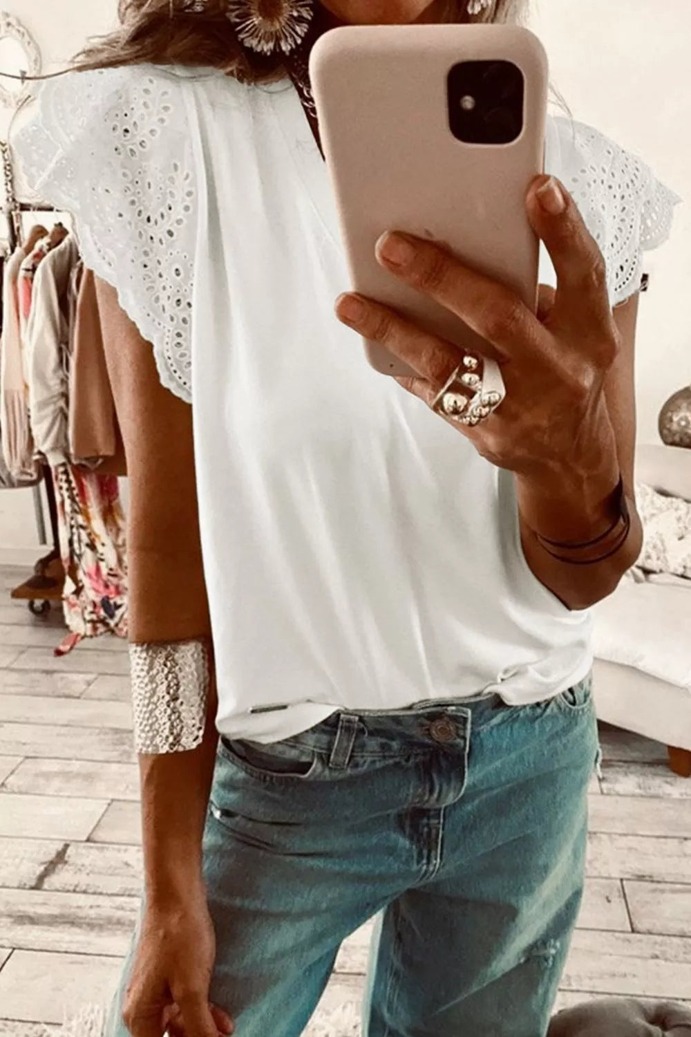V-neck tee with eyelet embroidered flutter sleeves