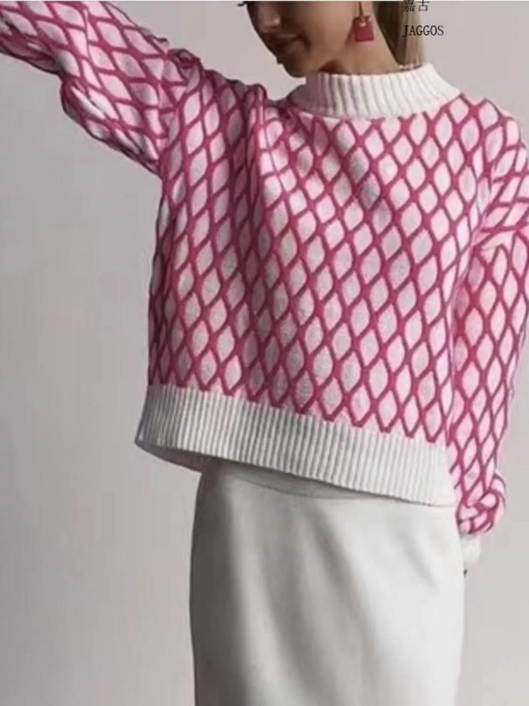 Pink Geometric lattice knit turtleneck sweater