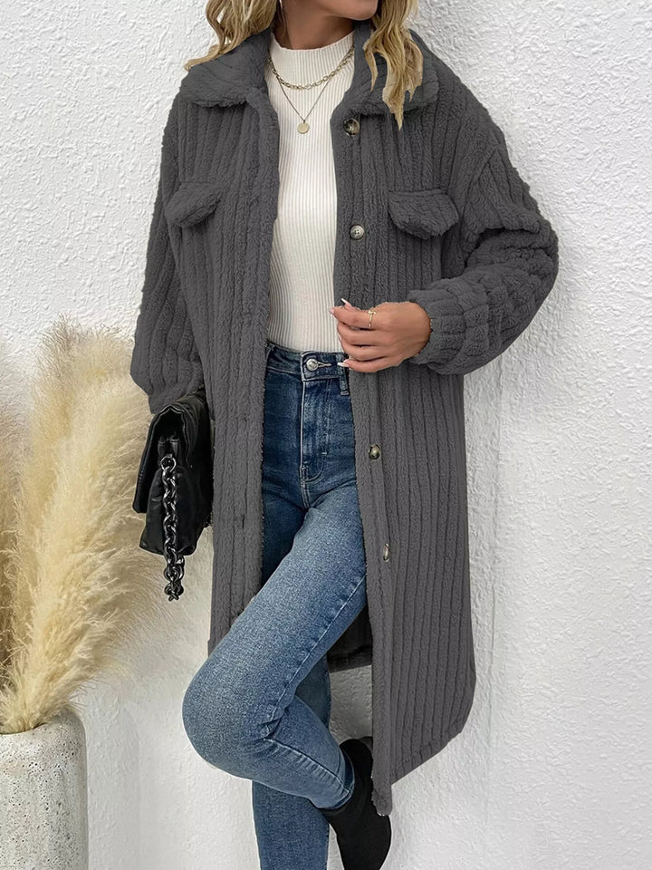 Ribbed fleece longline button-down coat with flap pockets