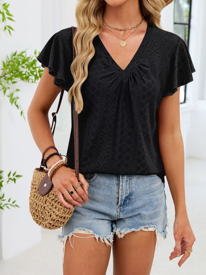 Eyelet flutter sleeve V-neck top with ruched neckline