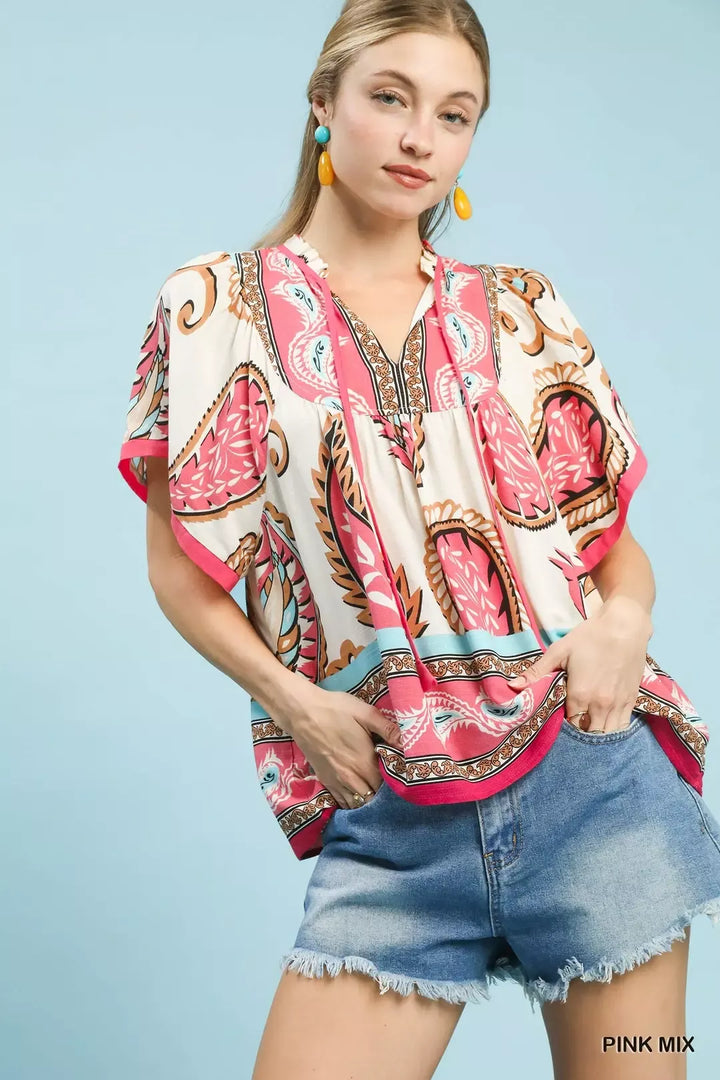 Mixed paisley border print boho top with tassel tie