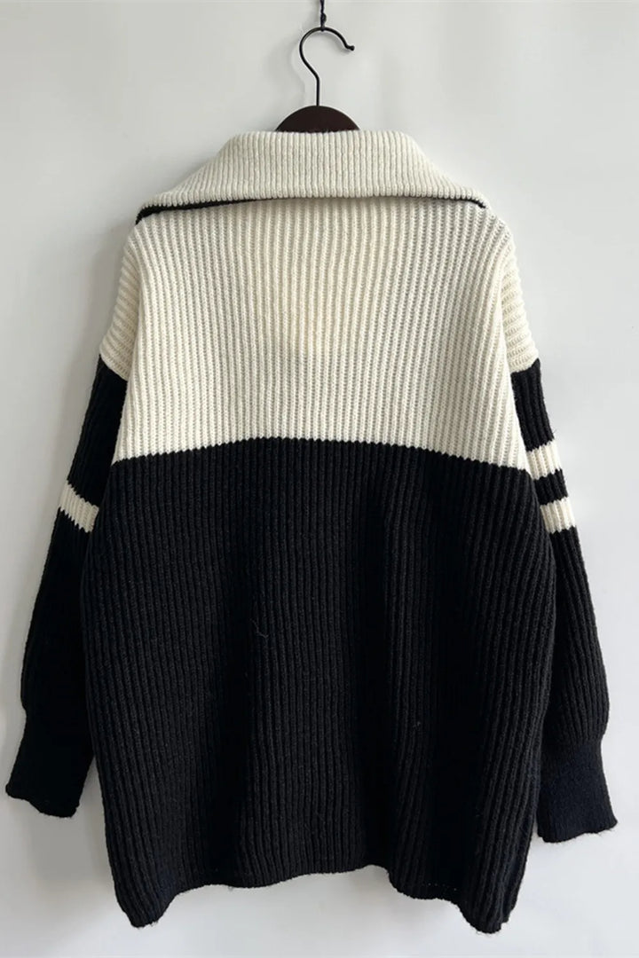 Quarter-zip ribbed knit sweater with striped sleeves