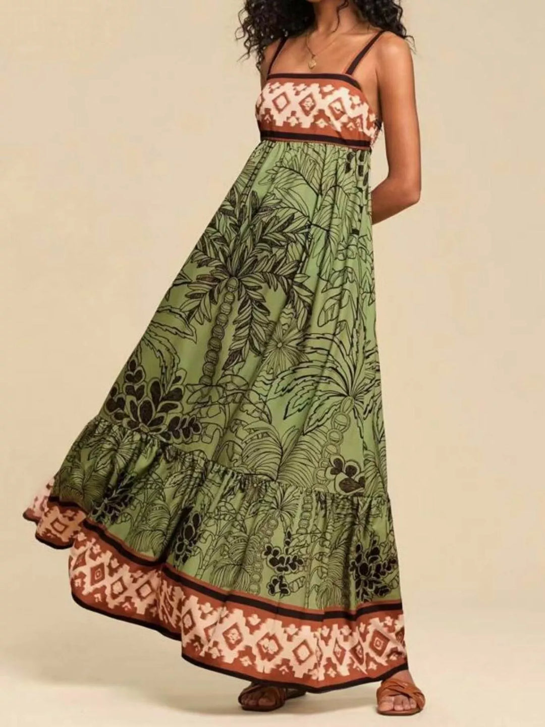 Moss Tropical folk print square neck tiered maxi dress