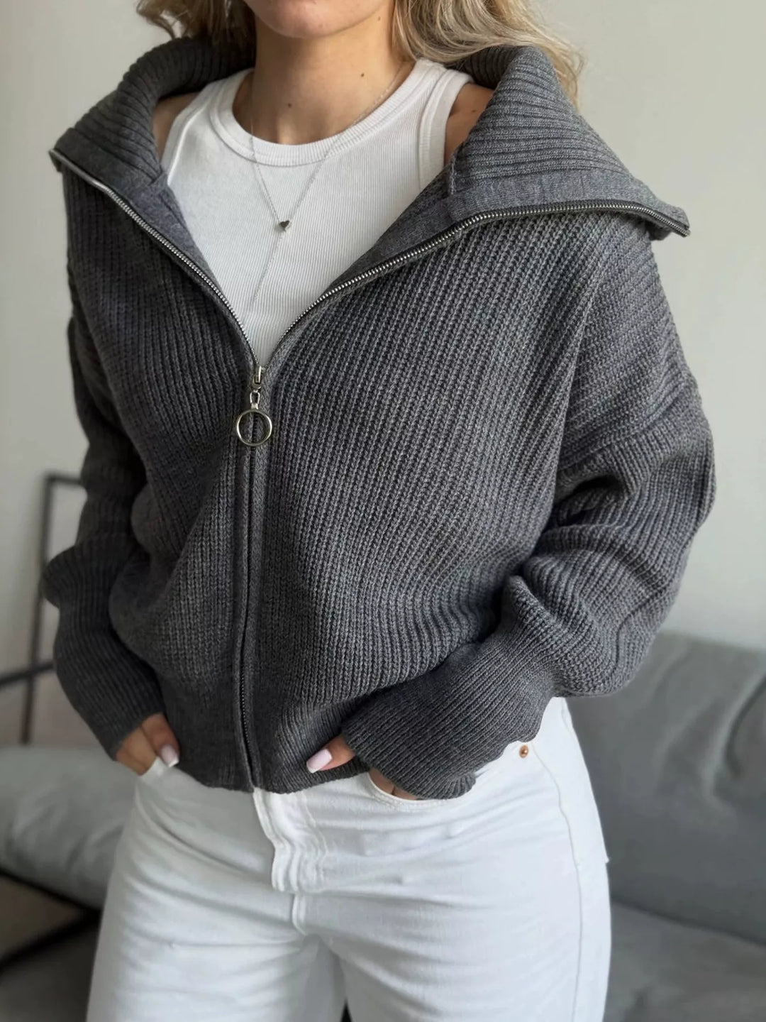 Chunky two-way zip sweater jacket with foldover collar