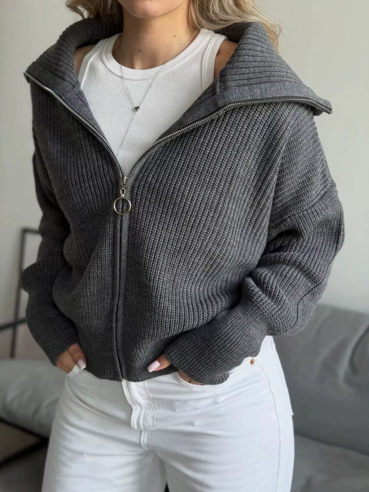 Chunky two-way zip sweater jacket with foldover collar