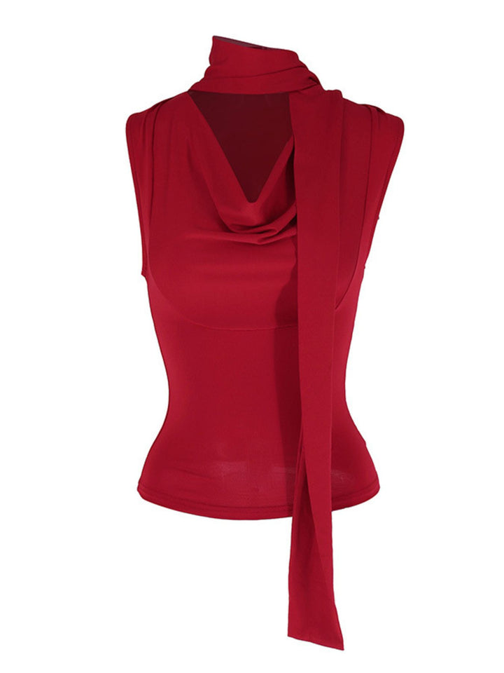 Ruched cowl neck cami with tie choker neckline