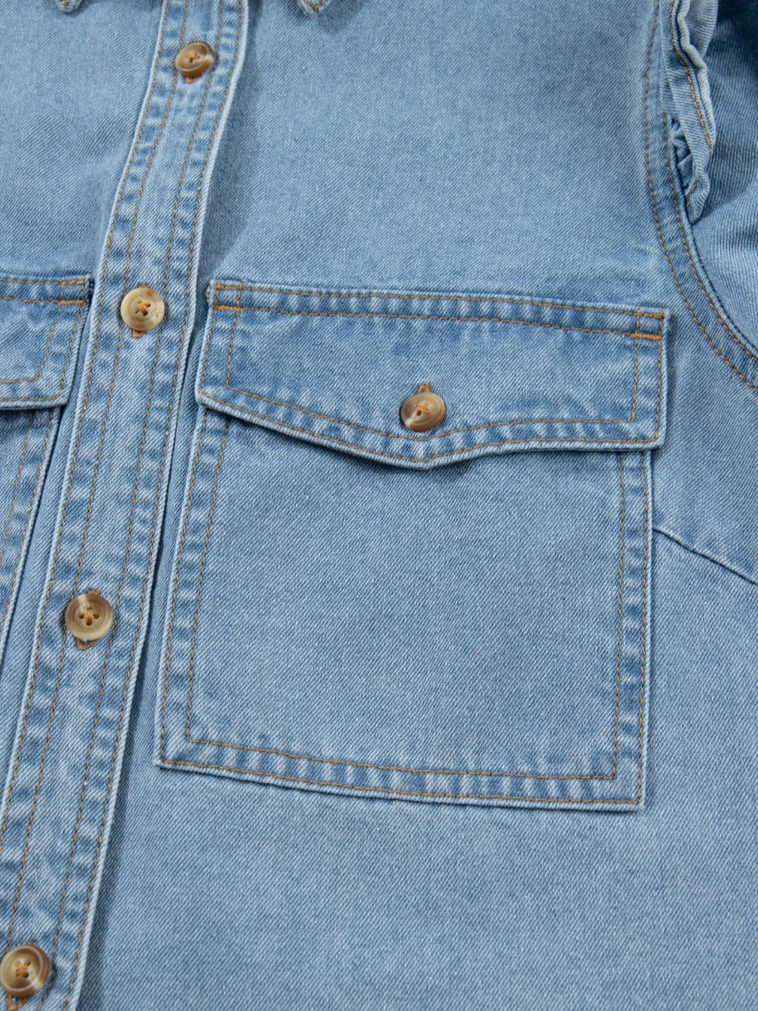 Ruffled cap-sleeve denim button-down shirt with flap pockets
