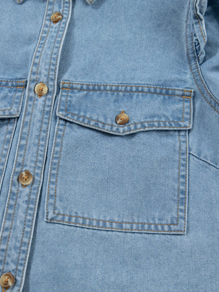 Ruffled cap-sleeve denim button-down shirt with flap pockets