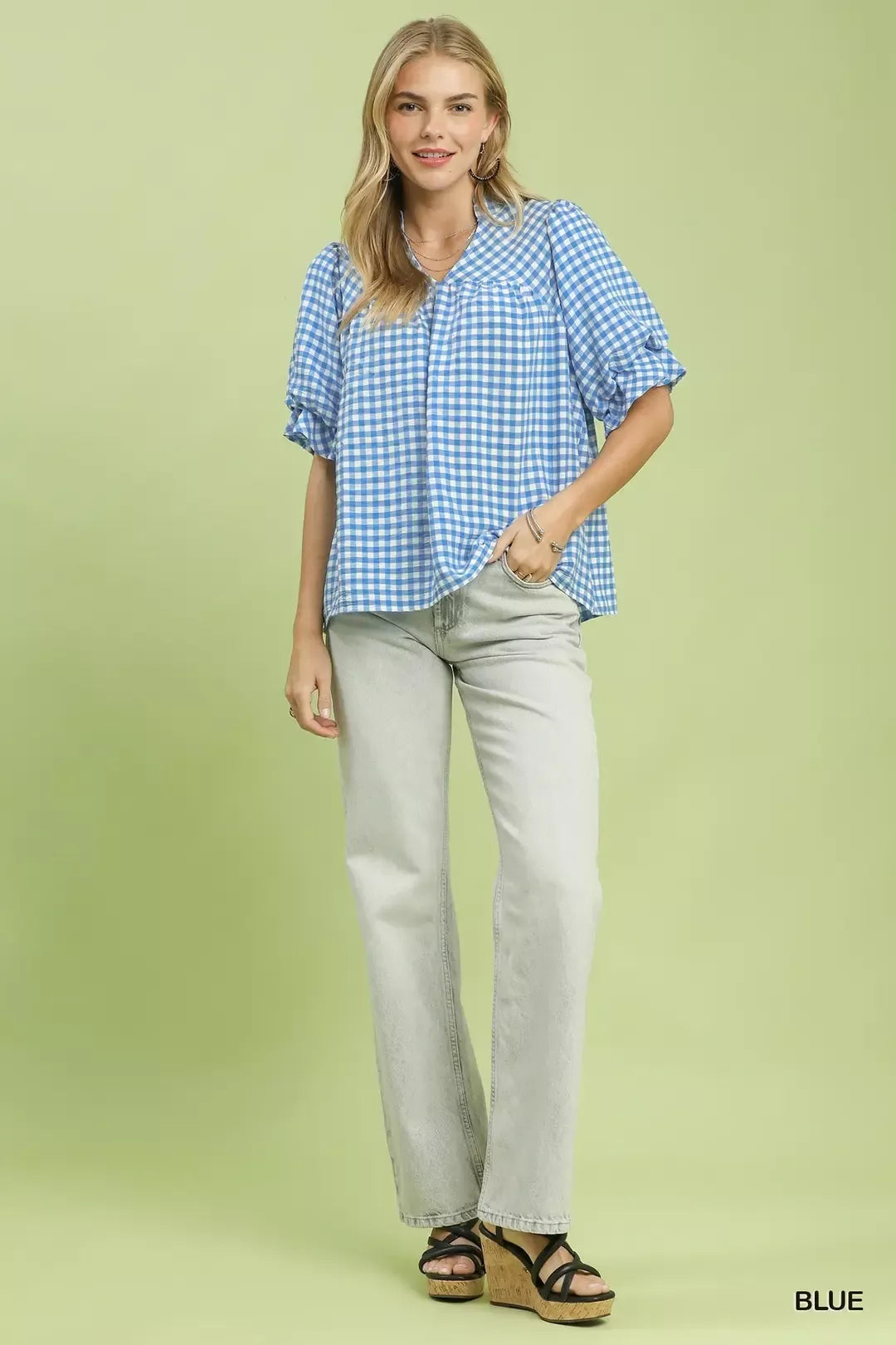 Gingham check V-neck blouse with ruffle puff sleeves